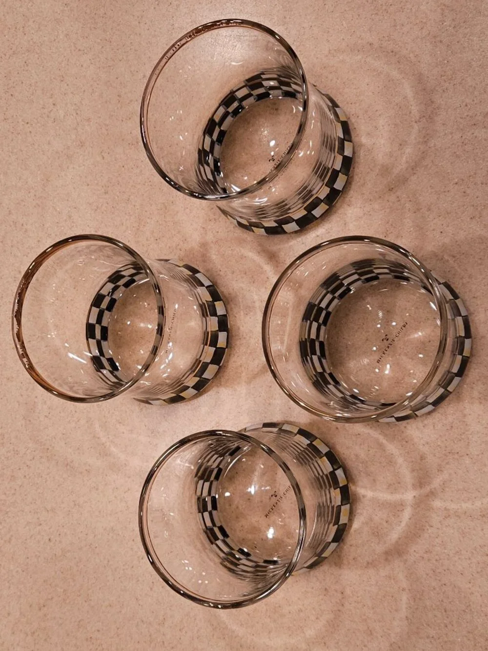 4 RETIRED MACKENZIE CHILDS COURTLY CHECK DOf BAR WATER DRINKING GLASS TUMBLER